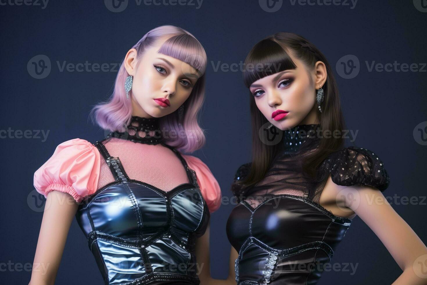two women in leather outfits posing for the camera generative ai photo