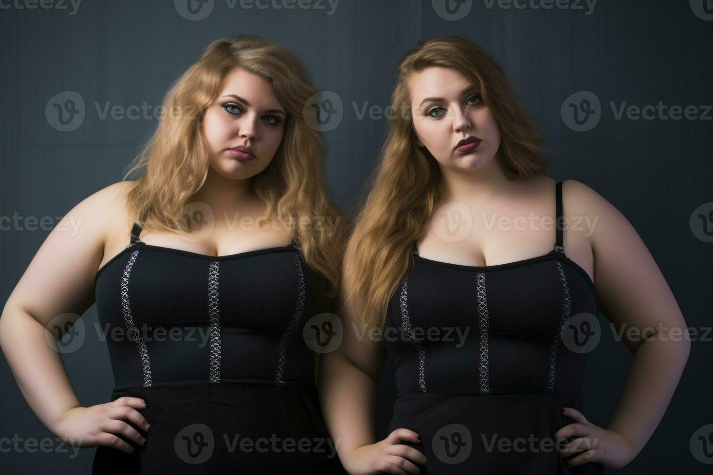 two women in black dresses standing next to each other photo