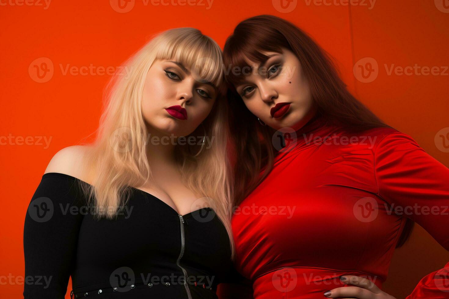 two women in red and black dresses standing next to each other generative ai photo