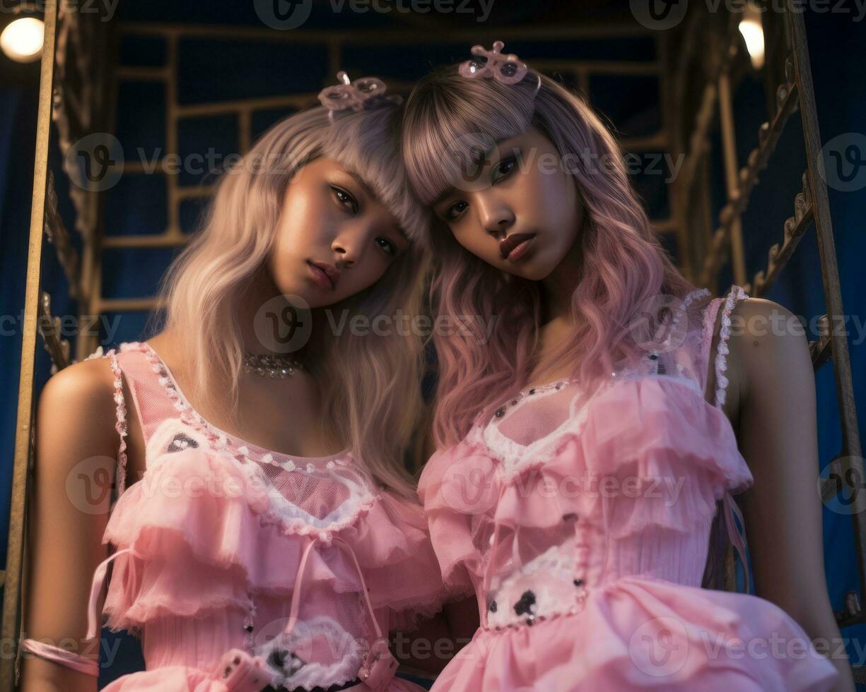 two women in pink dresses standing next to each other generative ai photo