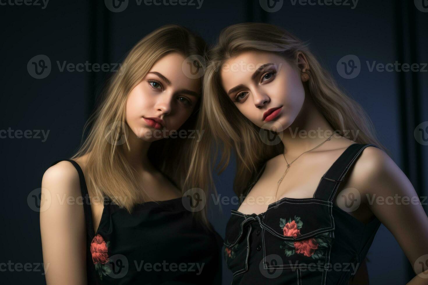 two young women in black dresses posing for the camera generative ai photo