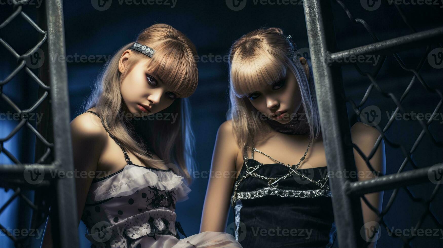 two young women in dresses standing in front of a fence generative ai photo