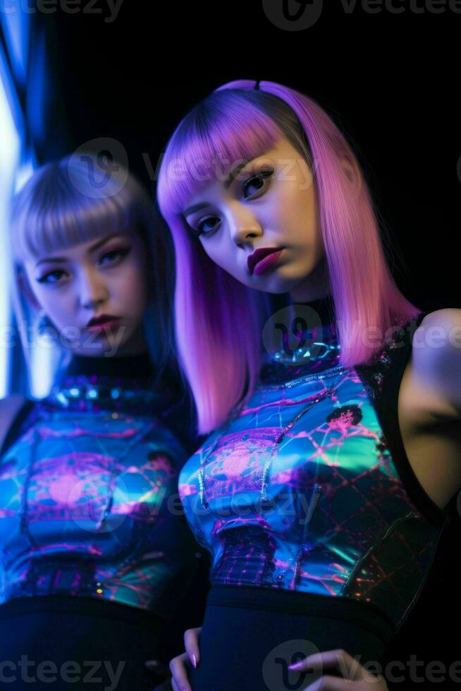 two young women with pink hair posing in front of a window generative ai photo