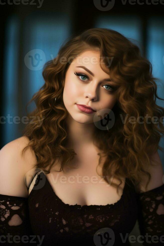a beautiful young woman with curly hair posing for the camera photo