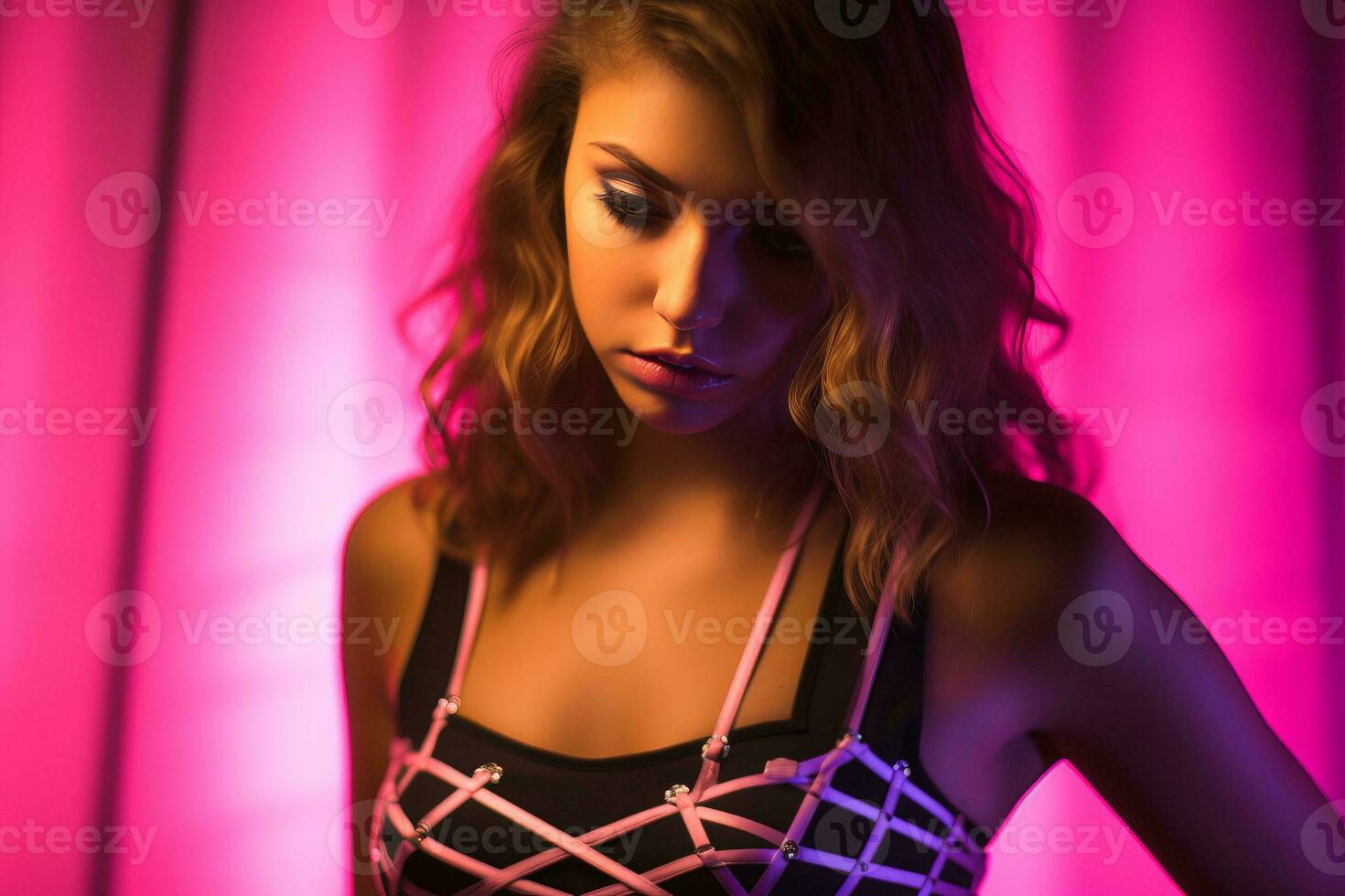 a woman in a black bra top standing in front of a pink light generative ai photo