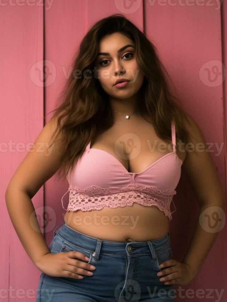 a woman in a pink bra top and jeans posing against a pink wall generative ai photo