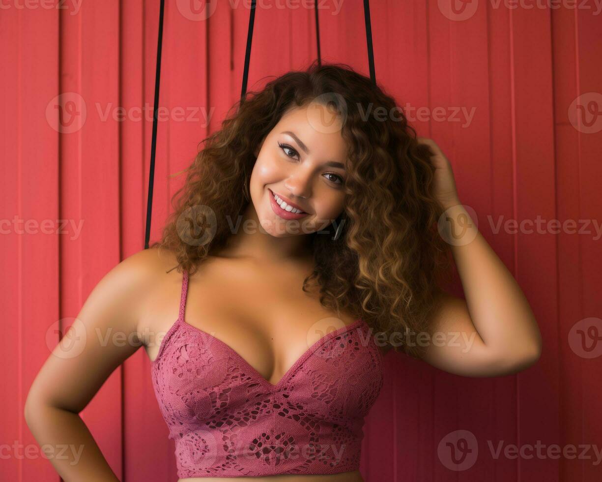 a woman in a pink bra top posing against a red wall generative ai photo