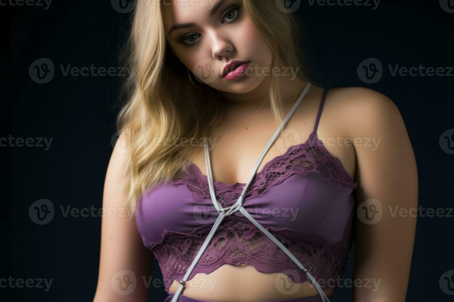 a woman in a purple bra and panties posing for the camera generative ai photo
