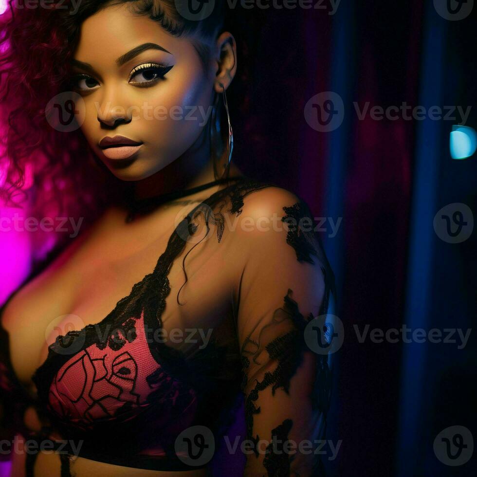 a woman in lingerie posing in front of neon lights generative ai photo