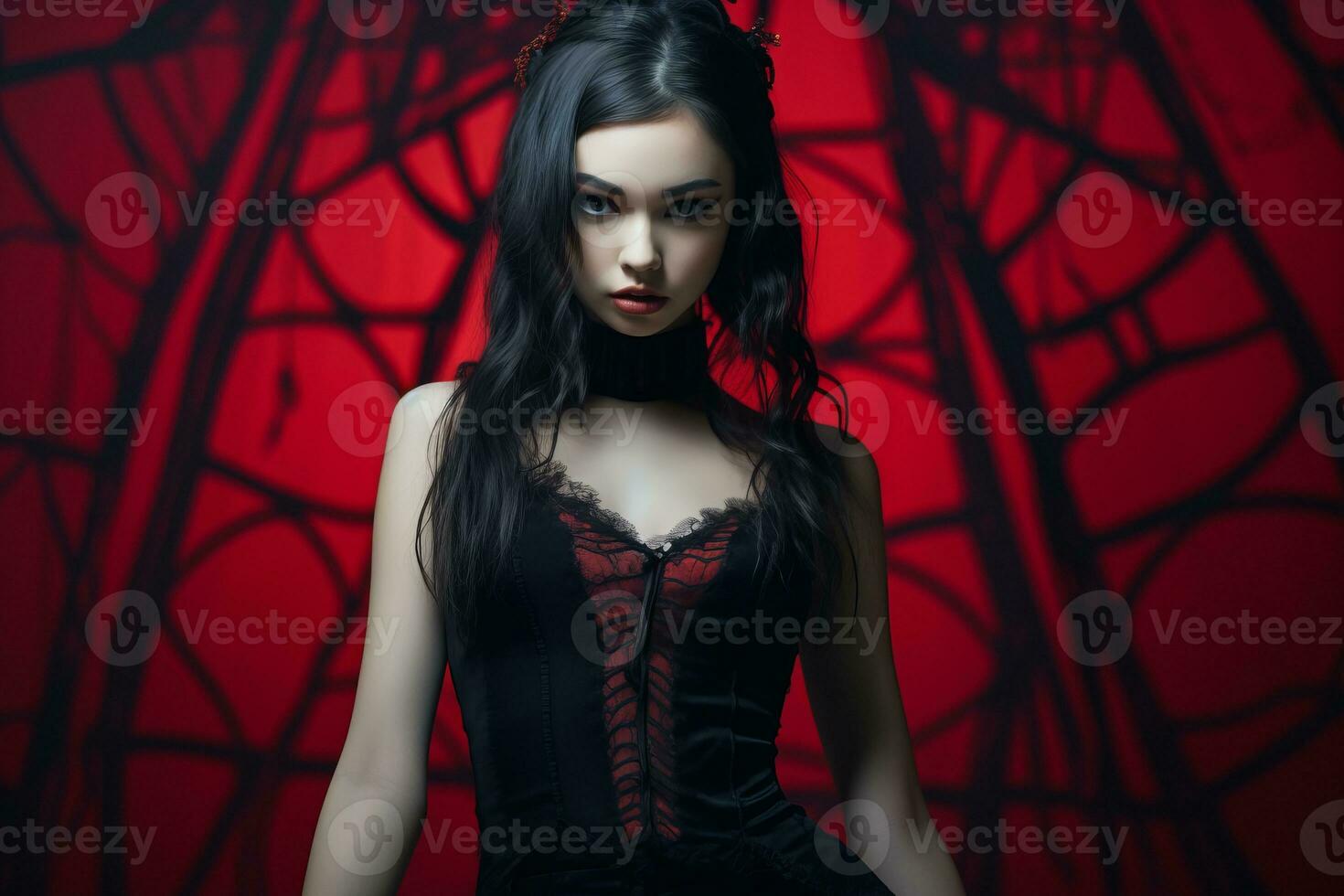 beautiful gothic woman in black dress and red background generative ai photo