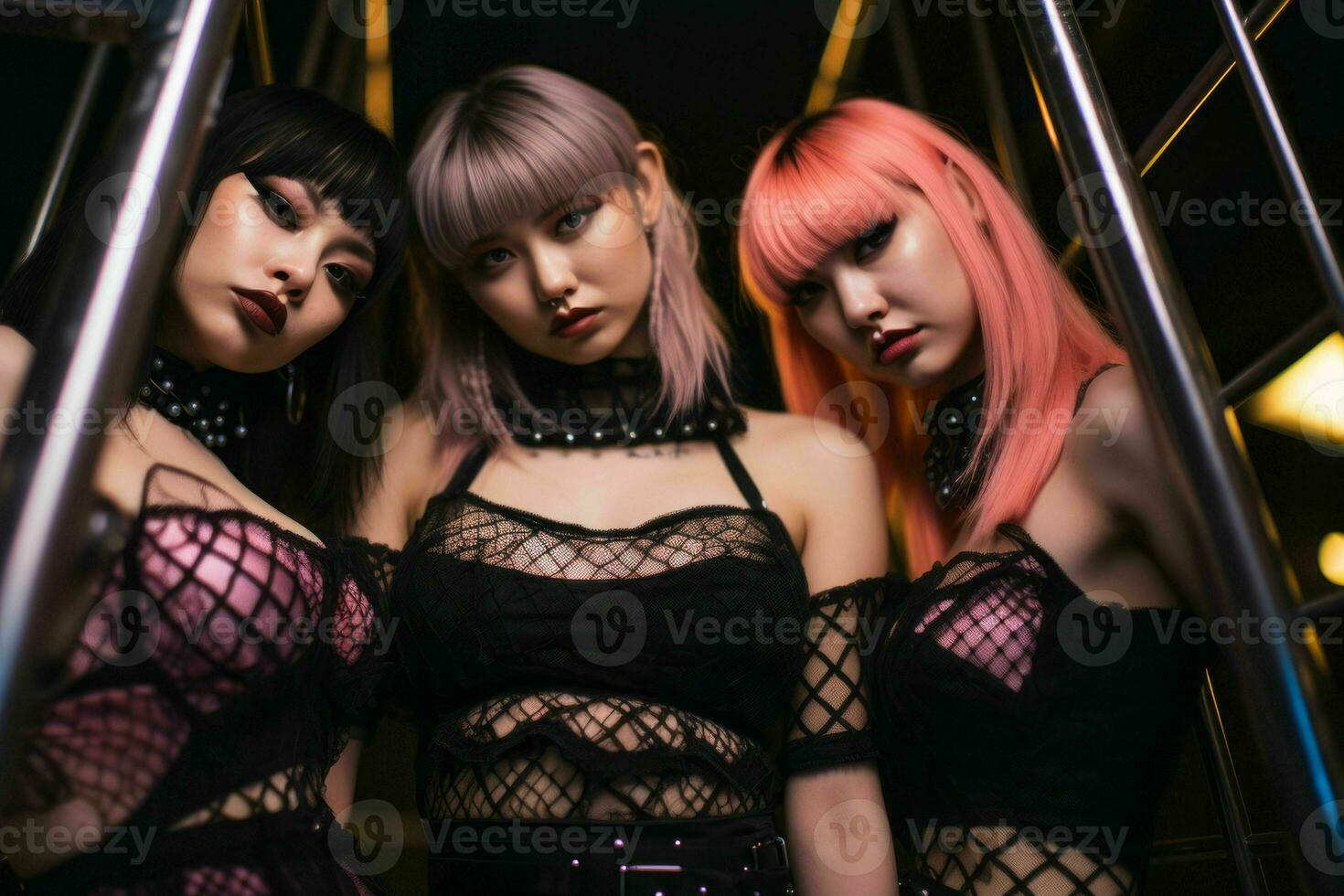 three women in black and pink outfits standing in front of a metal cage generative ai photo