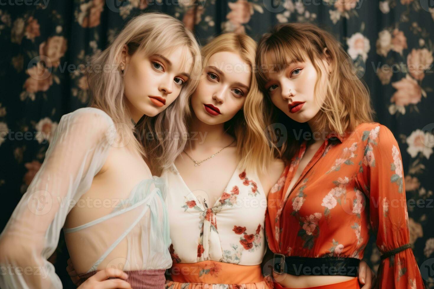 three young women posing for a photo in front of a floral patterned background generative ai