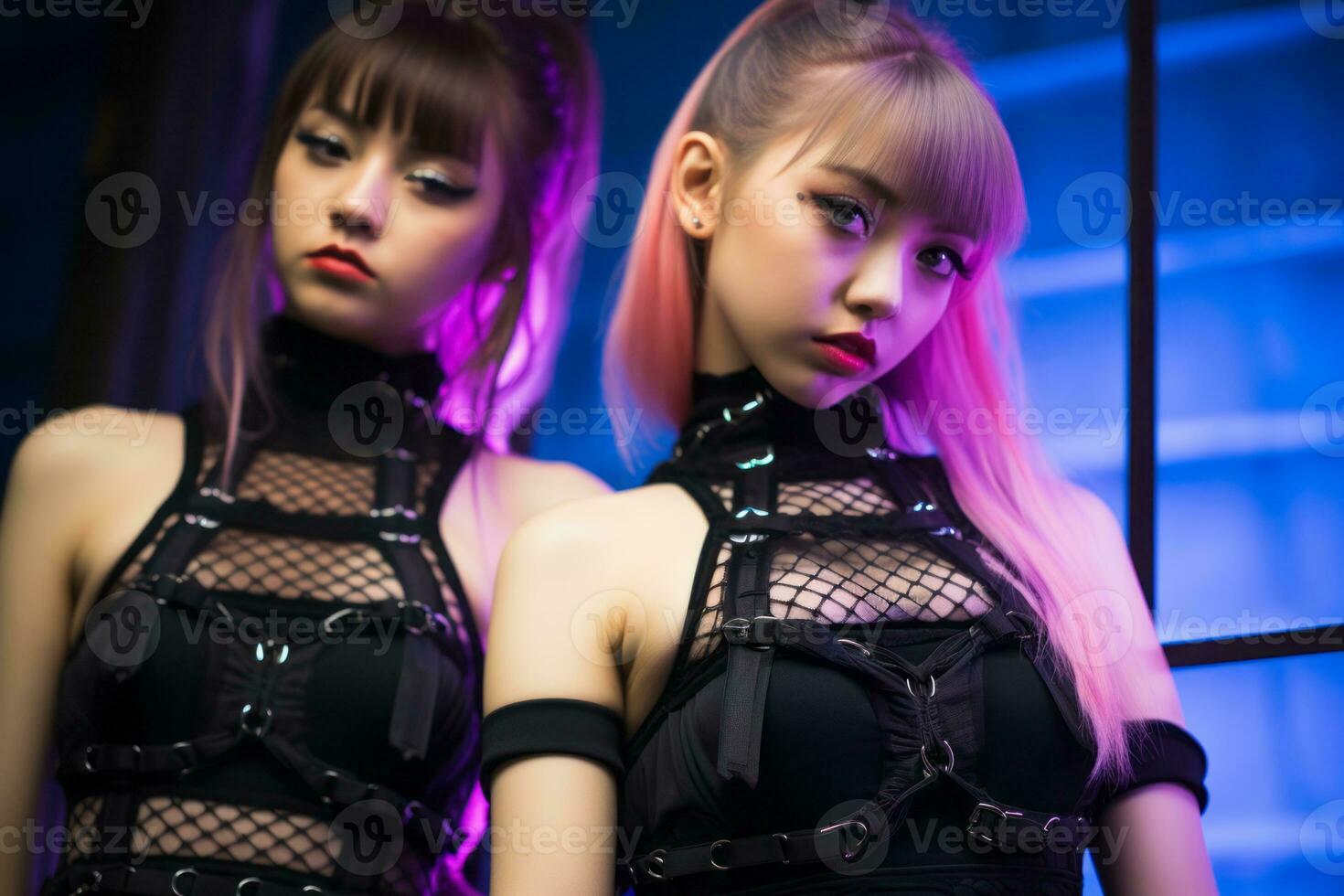 two asian women dressed in black and pink generative ai photo