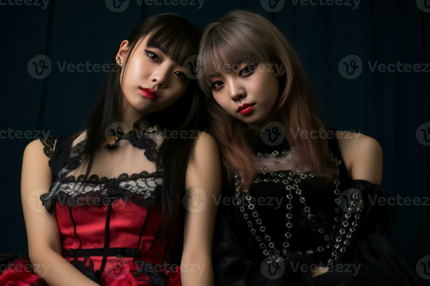 two asian women dressed in gothic clothing posing for the camera generative ai photo
