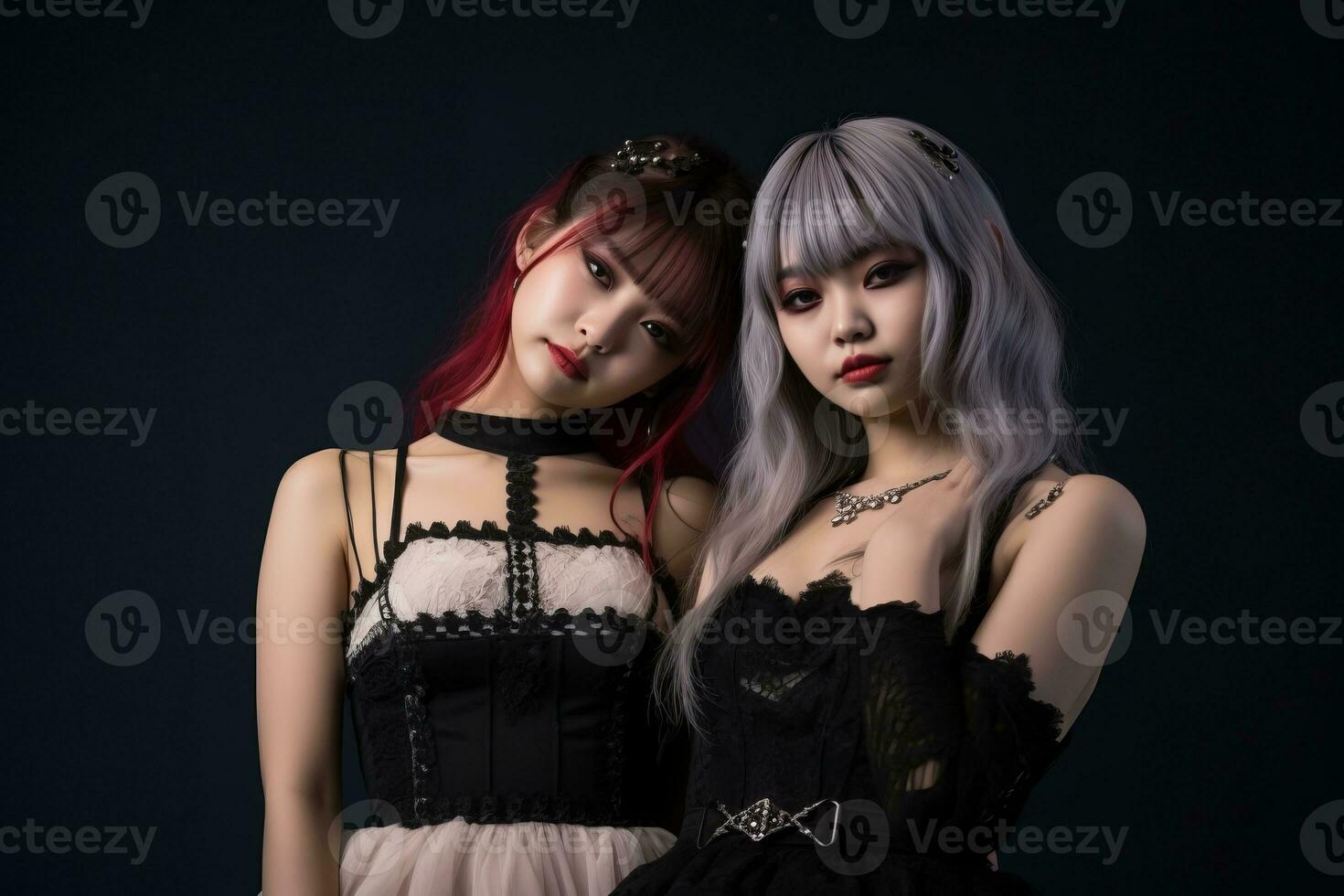 two asian women dressed in gothic clothing posing for the camera generative ai photo