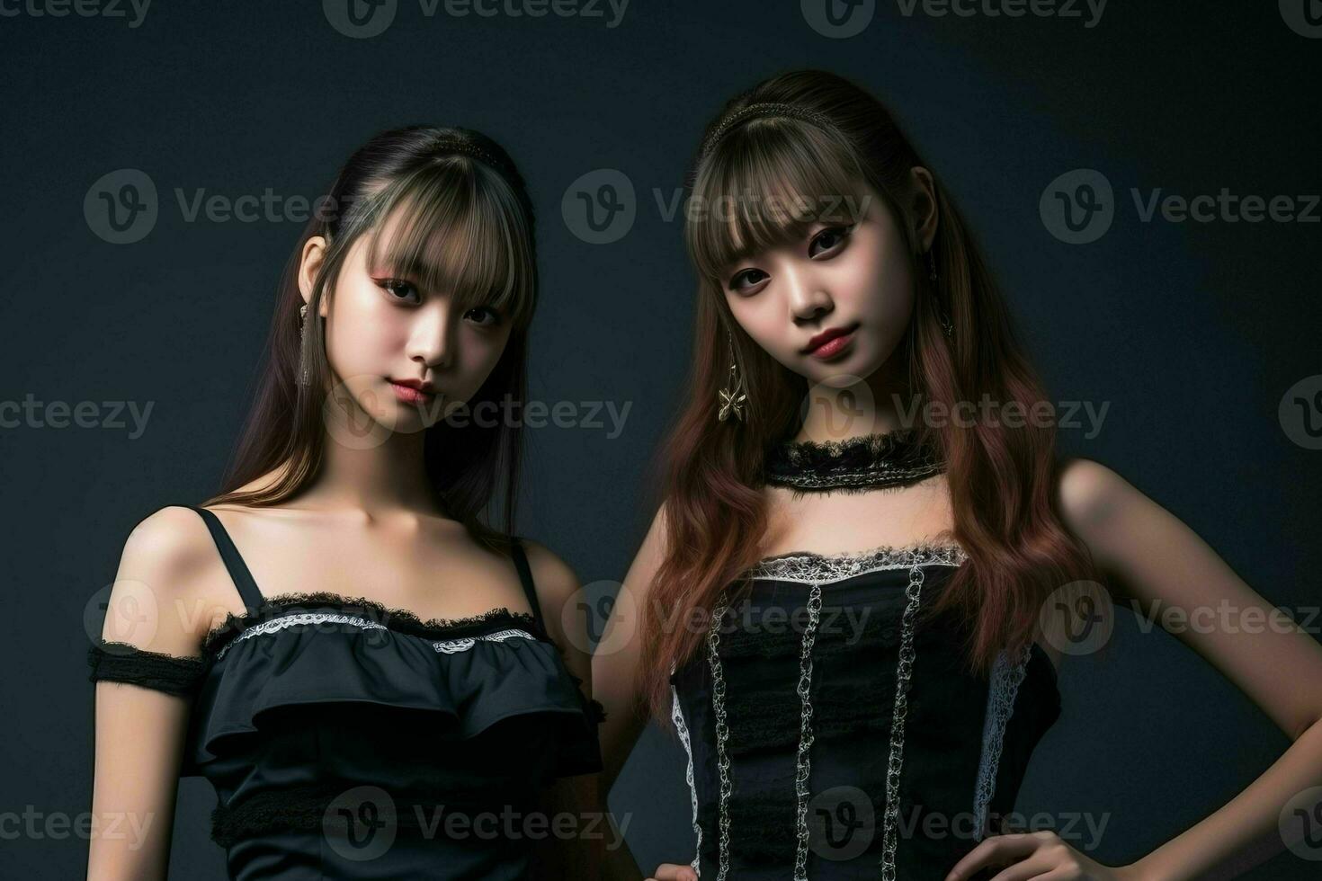 two asian women in black dresses posing for the camera generative ai photo