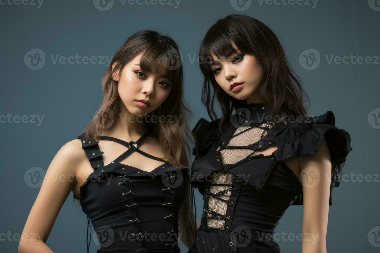 two asian women in black corsets posing for the camera generative ai photo