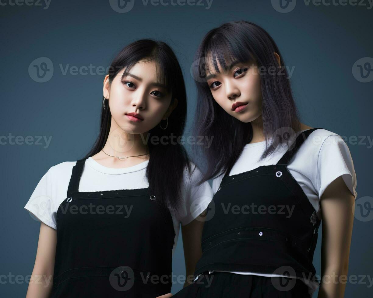 two asian women in black overalls standing next to each other generative ai photo