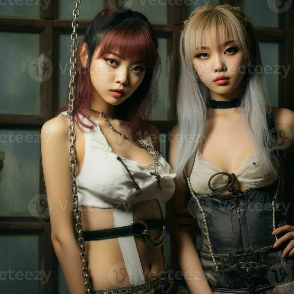 two asian women in gothic outfits posing for the camera generative ai photo