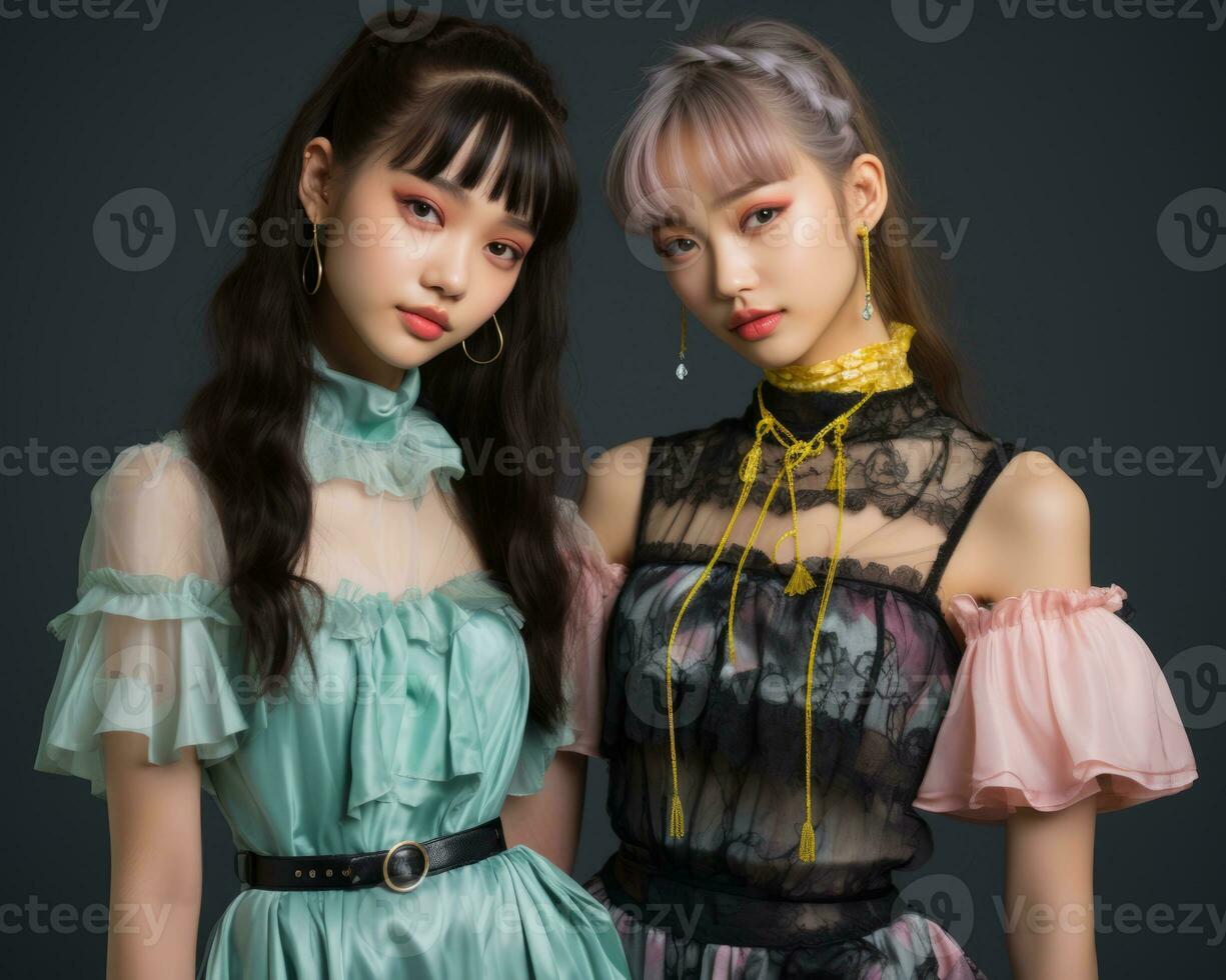 two asian women in dresses posing for the camera generative ai photo