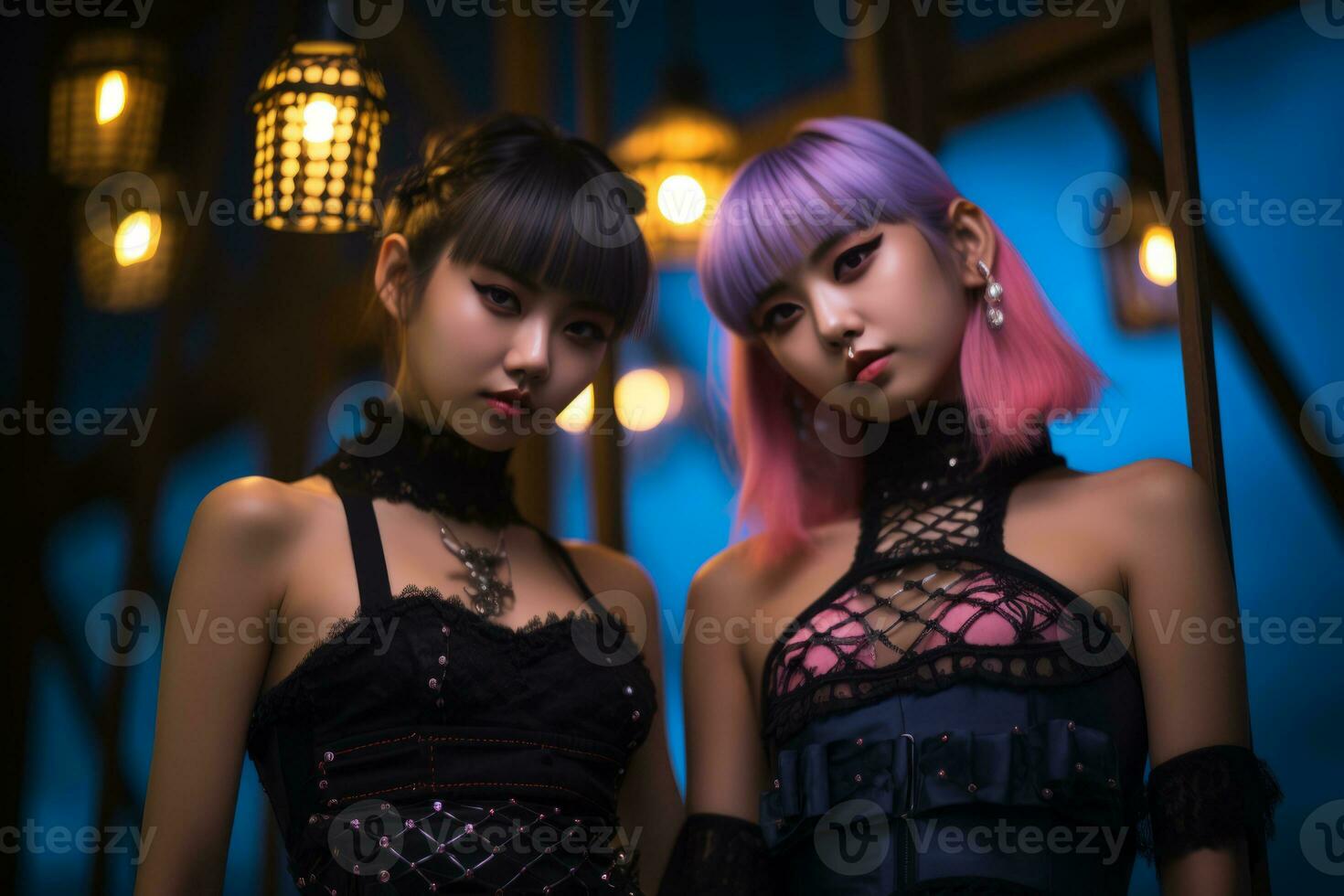 two asian women in gothic outfits standing next to each other generative ai photo