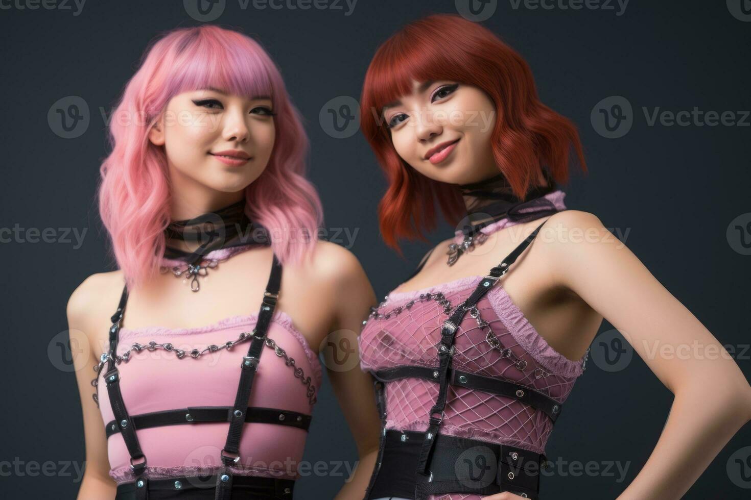 two asian women in pink outfits posing for the camera generative ai photo