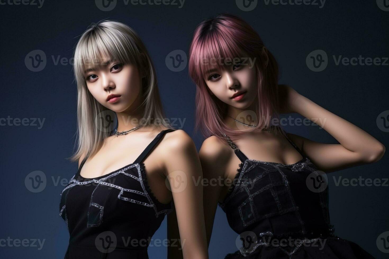 two asian women with pink hair posing for the camera generative ai photo