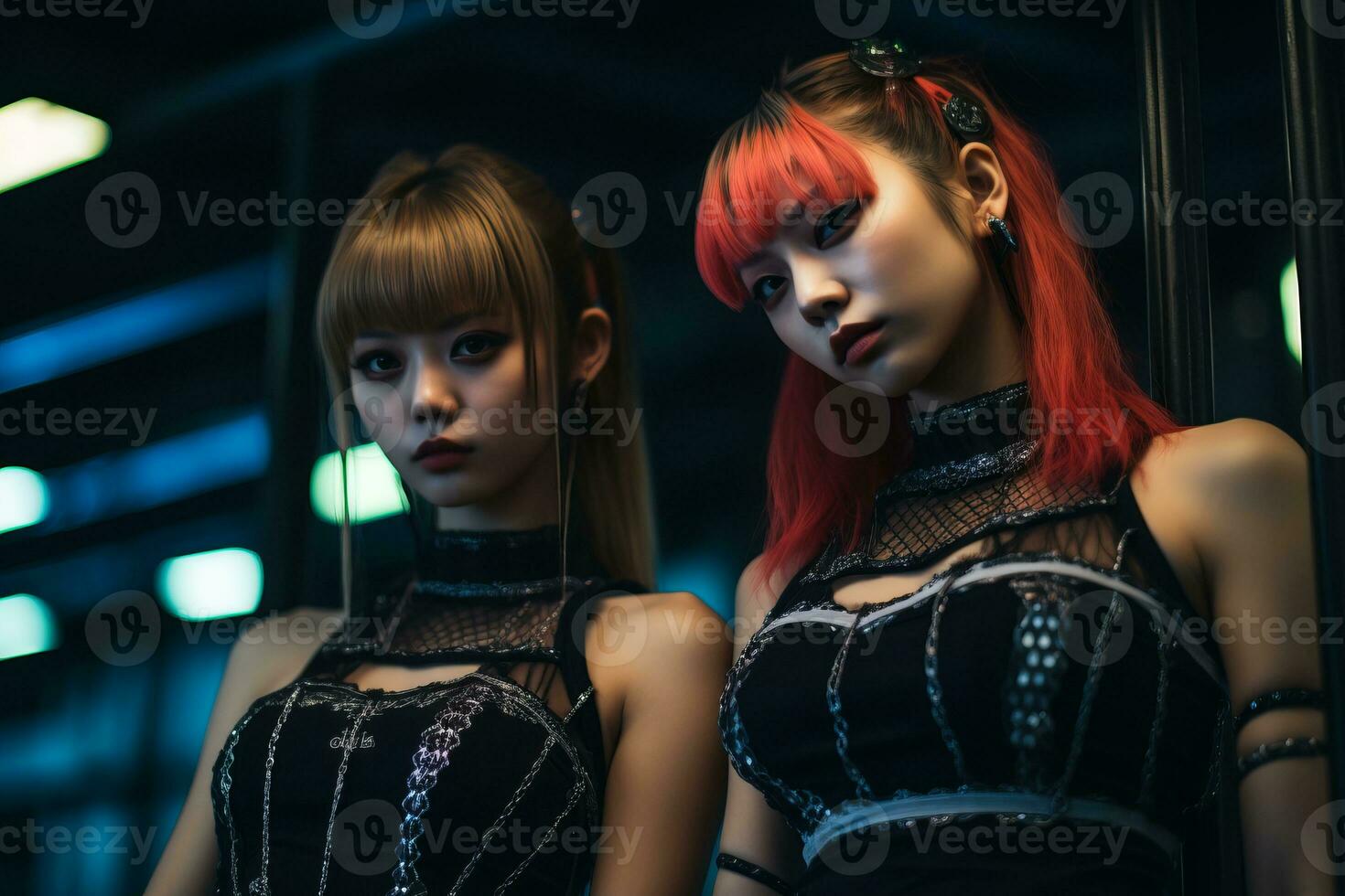 two asian women with red hair standing next to each other generative ai photo