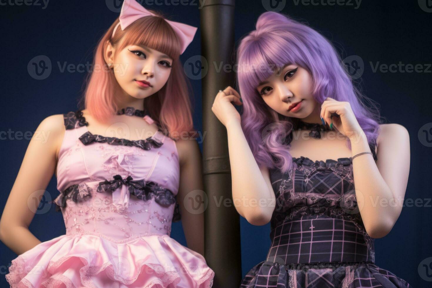 two girls in pink and purple dresses standing next to a pole generative ai photo