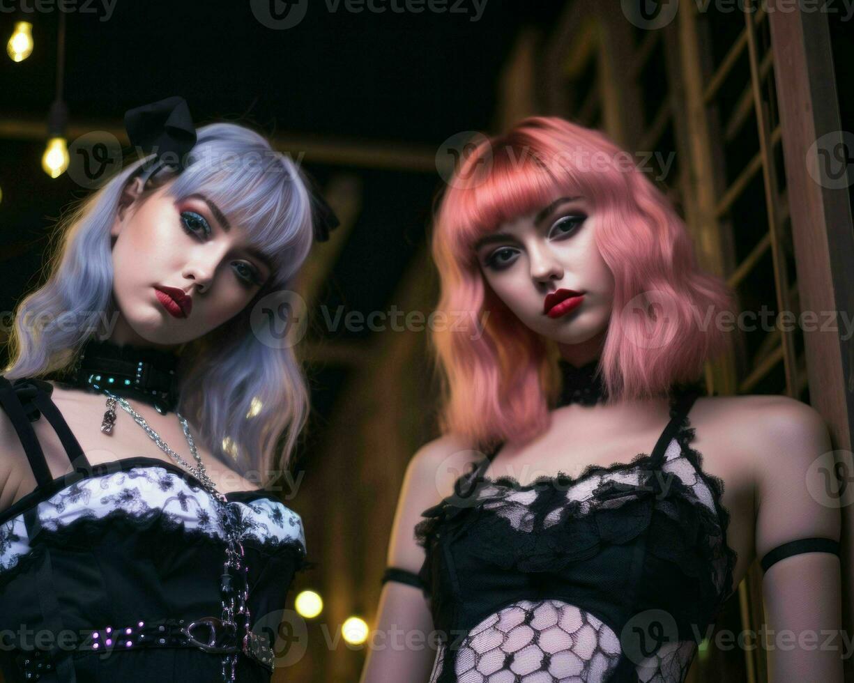 two women dressed in gothic clothing standing next to each other generative ai photo
