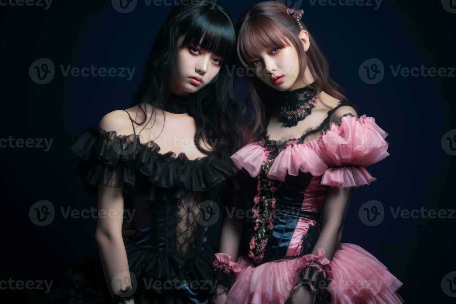 two women dressed in gothic clothing posing for the camera generative ai photo