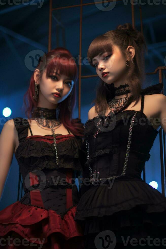 two women dressed in gothic clothing standing next to each other generative ai photo
