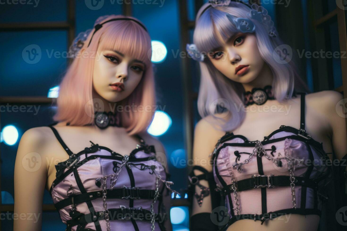 two women dressed in gothic outfits standing next to each other generative ai photo