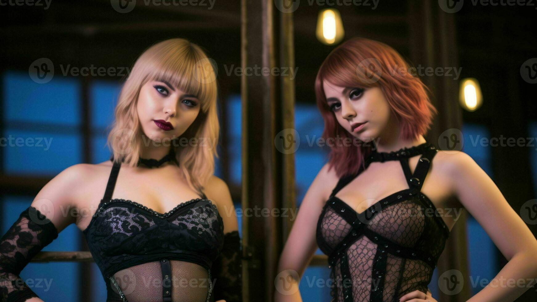 two women in corsets standing next to each other generative ai photo