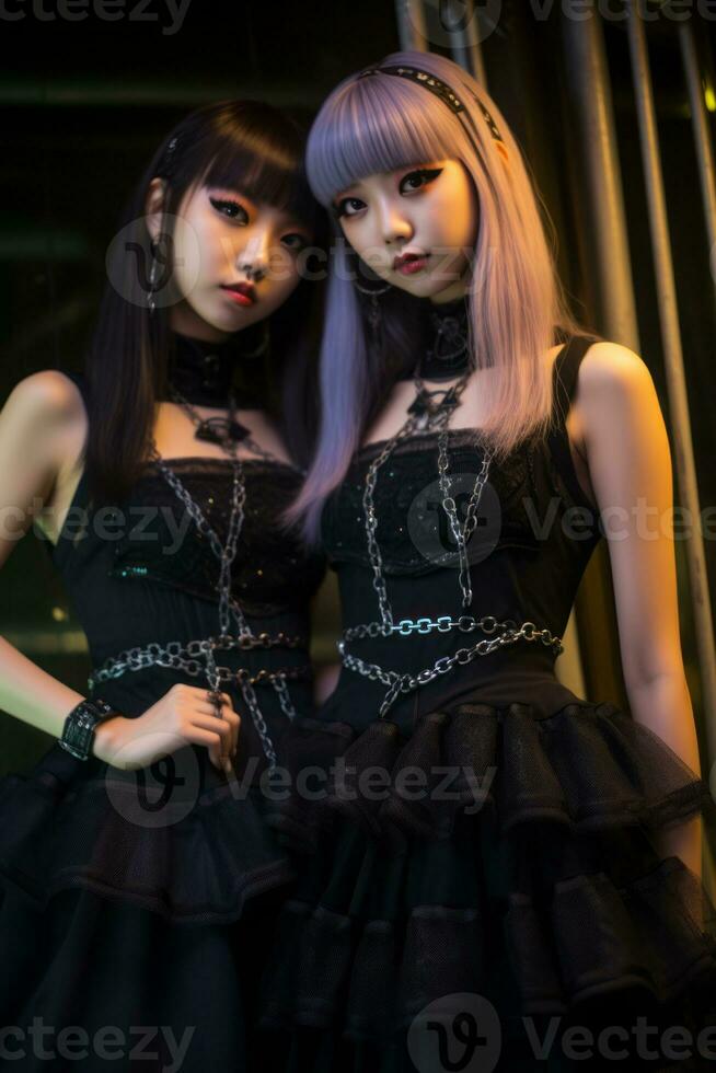 two young women dressed in gothic clothing standing next to each other generative ai photo