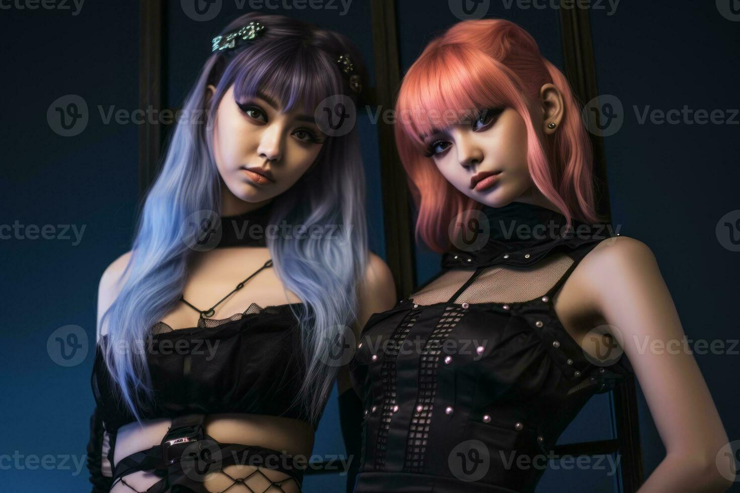two young women dressed in gothic outfits standing next to each other generative ai photo