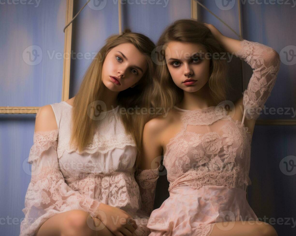 two young women in pink dresses posing for the camera generative ai photo