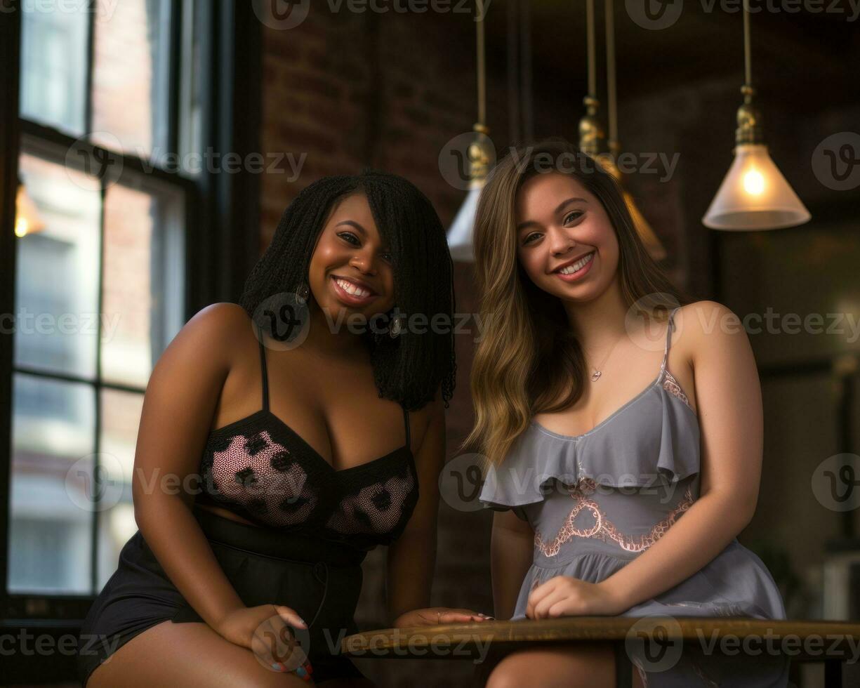 two young women sitting at a table in front of a window generative ai photo