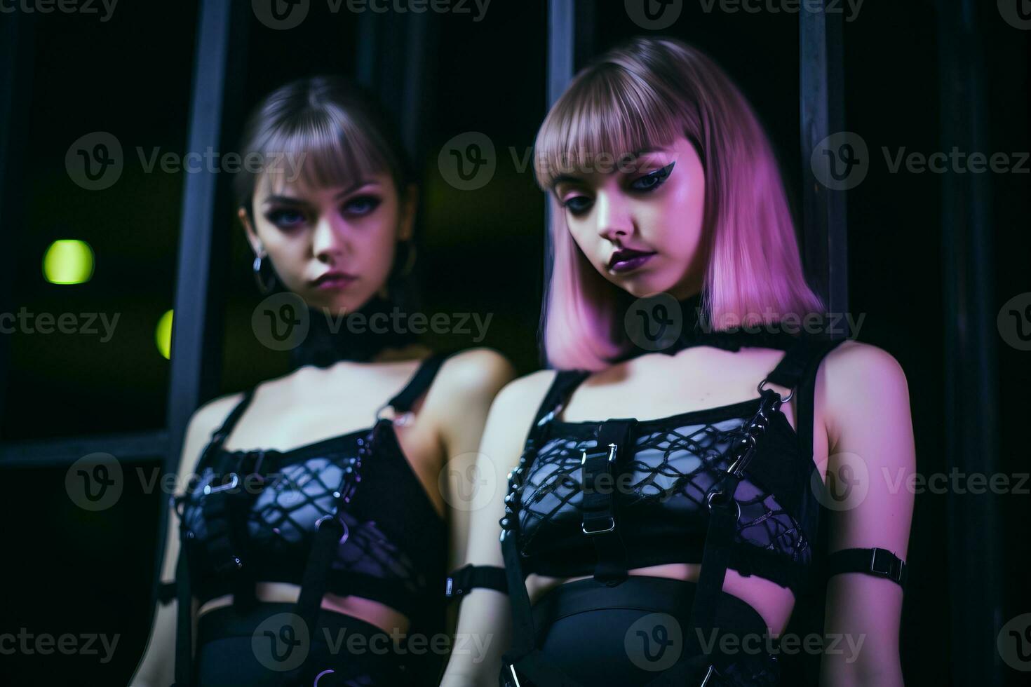 two young women with pink hair standing in front of a window generative ai photo