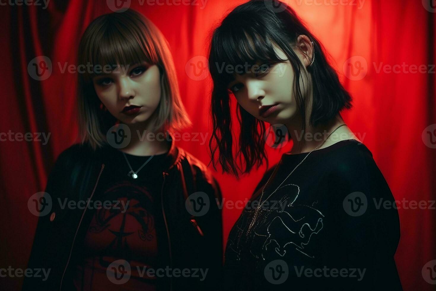 two young women standing in front of a red curtain generative ai photo