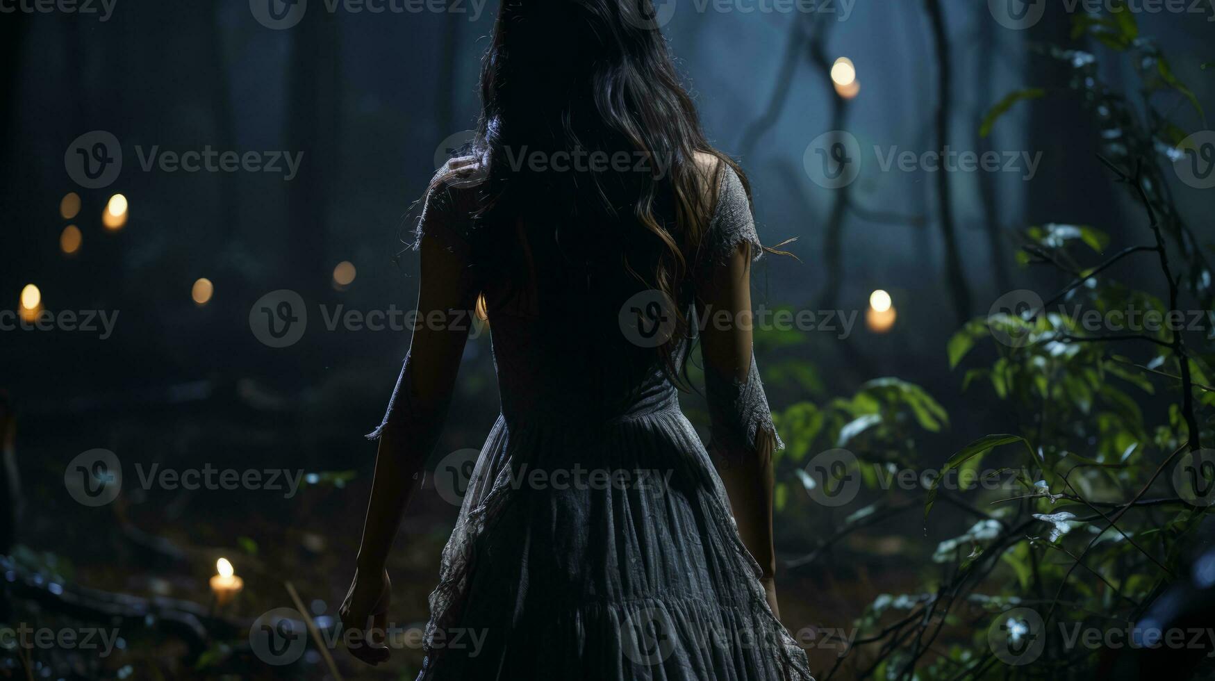 a woman in a long dress walking through a forest at night generative ai photo