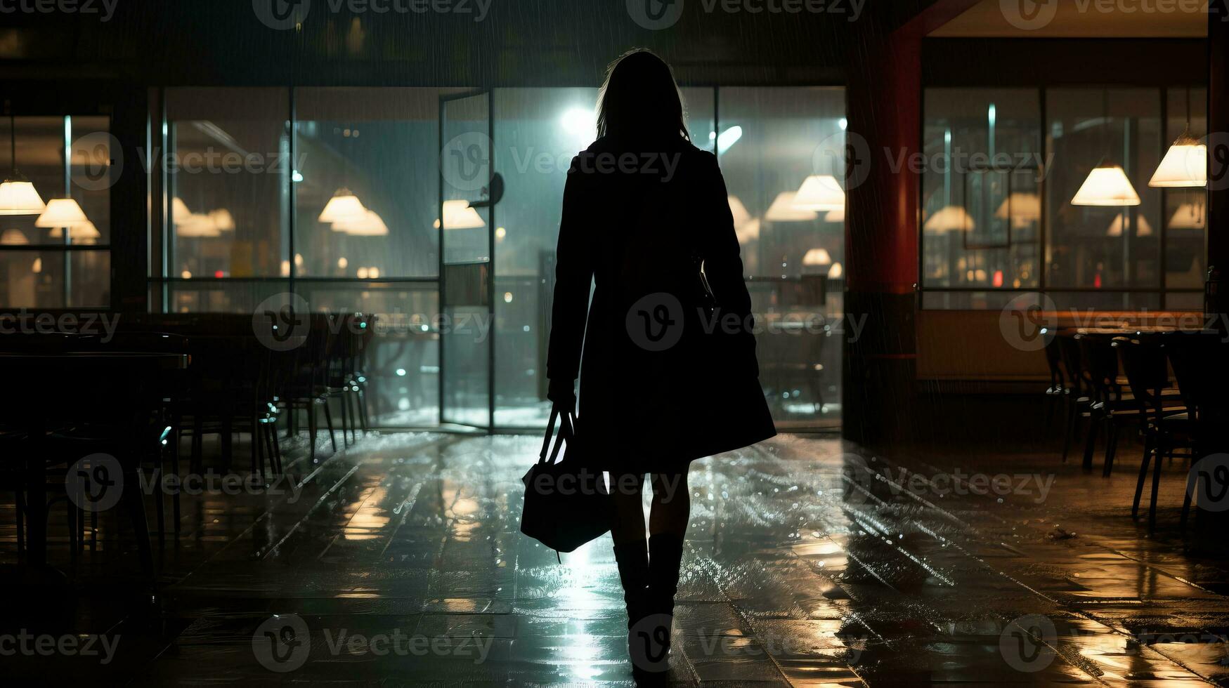 silhouette of a woman walking through a restaurant at night generative ai photo