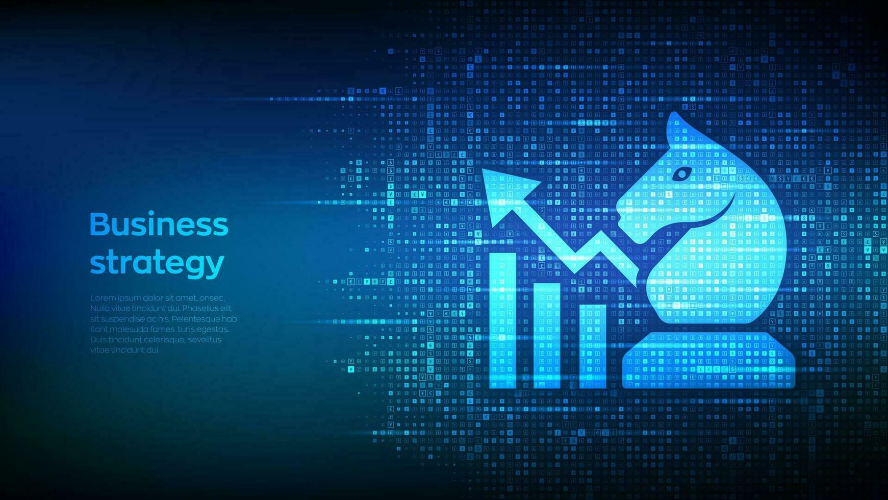 Business strategy icon made with currency symbols. Chess knight with growing graph and arrows icons. Dollar, euro, yen and pound icons. Background with currency signs. Vector illustration.