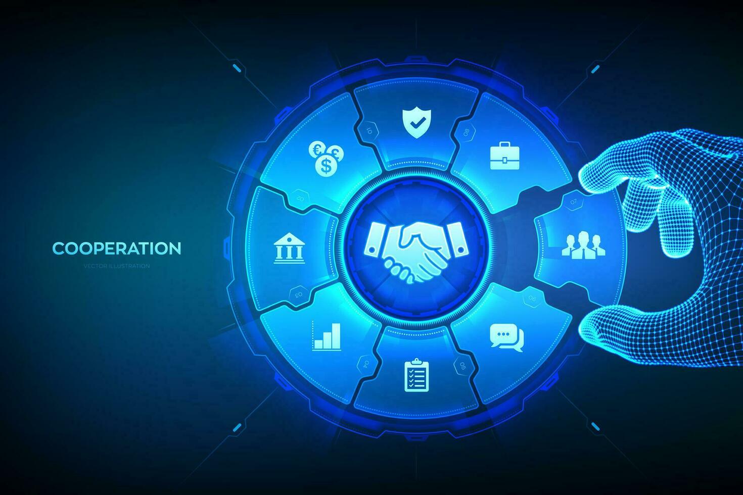Partnership technology concept. Business partnership. Global cooperation network. Internet communication. Teamwork. Wireframe hand places an element into a composition visualizing cooperation. Vector. vector