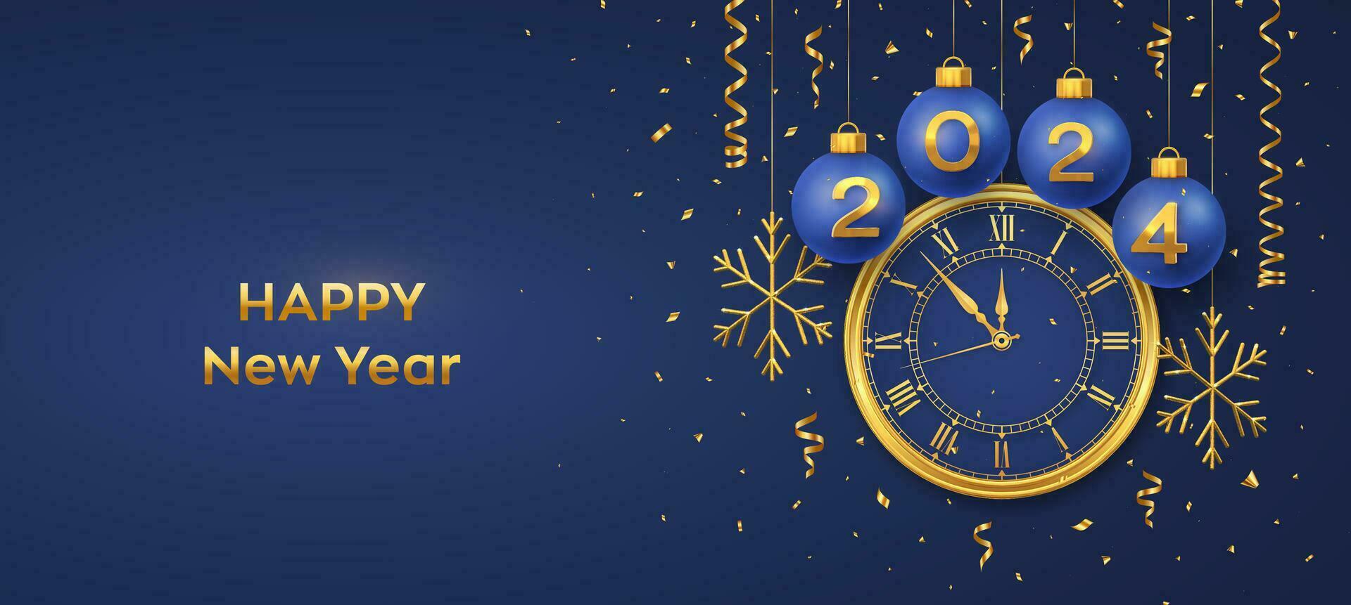 Happy New Year 2024. Hanging Blue Christmas bauble balls with realistic gold 3d numbers 2024 and snowflakes. Watch with Roman numeral and countdown midnight, eve for New Year. Merry Christmas. Vector. vector