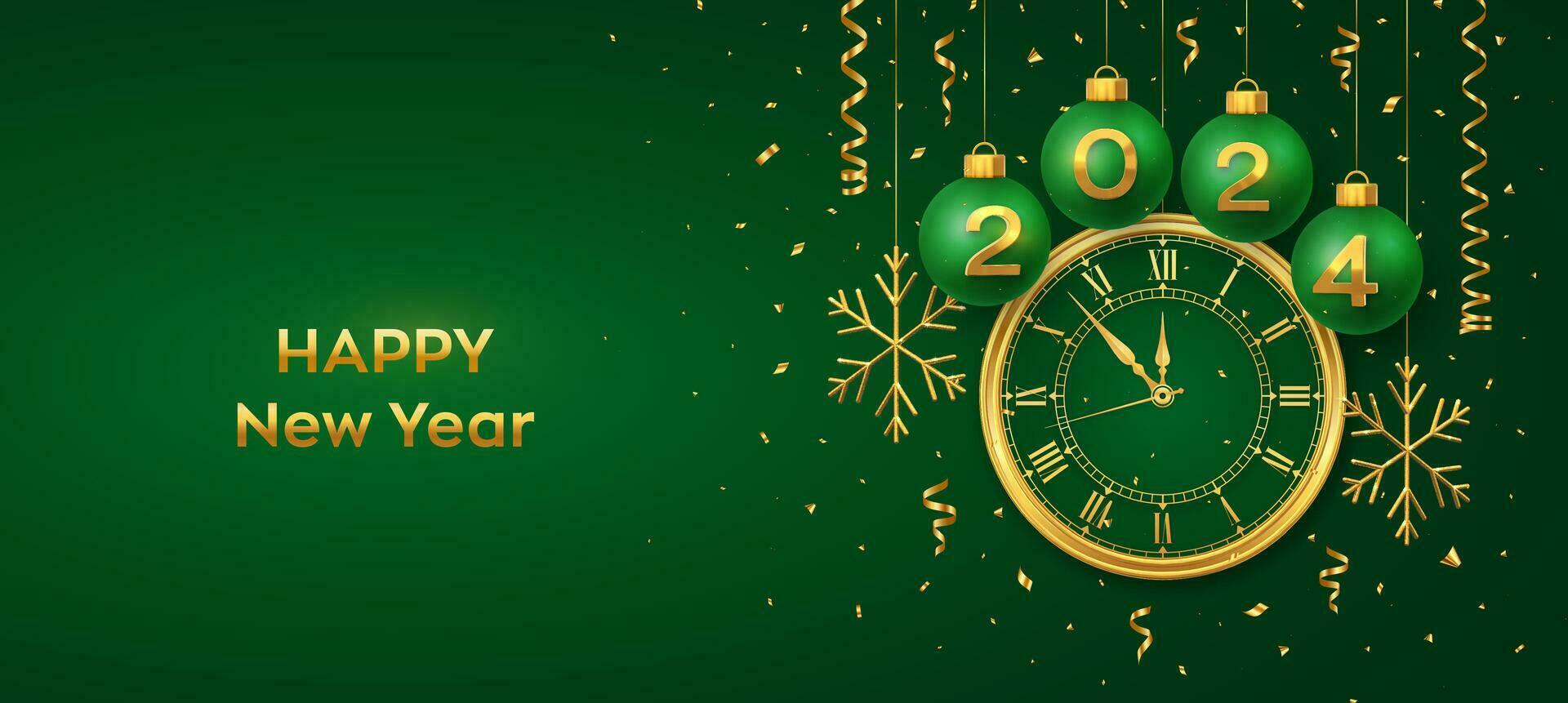 contento nuevo año 2024. colgando verde Navidad chuchería pelotas con realista oro 3d números 2024 y copos de nieve. reloj con romano número y cuenta regresiva medianoche víspera para nuevo año. alegre Navidad. vector. vector