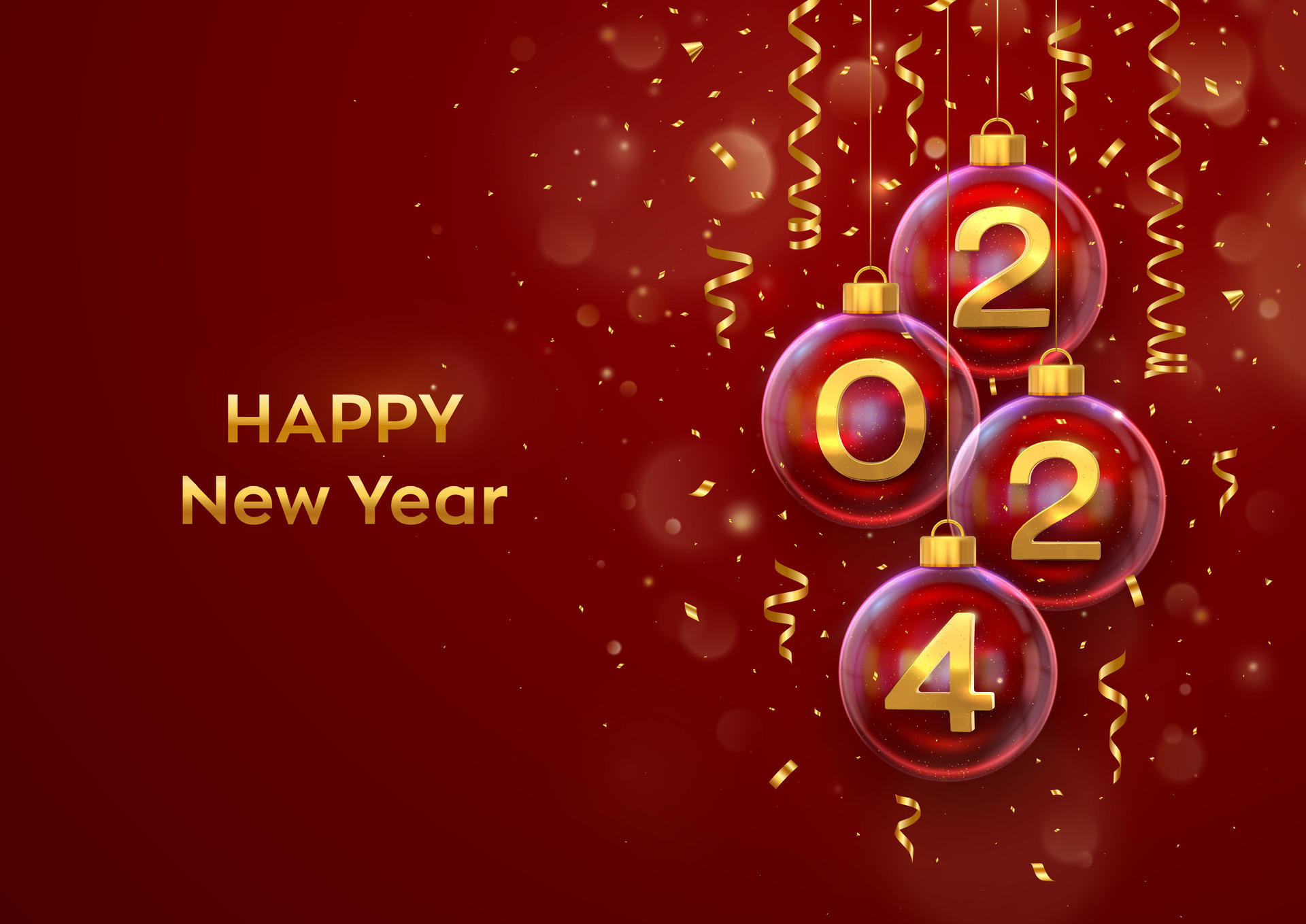 Happy New Year 2024. Golden metal 3D numbers 2024 in glass bauble