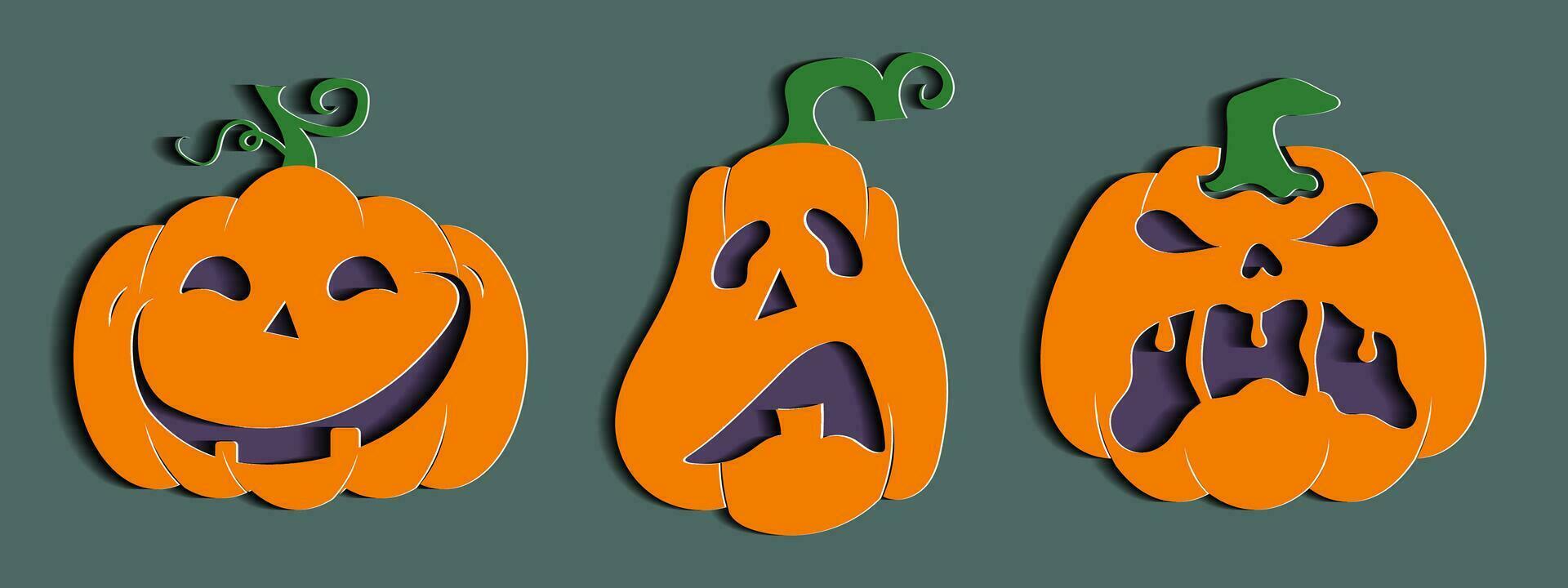 Halloween pumpkin set with unique expresion in paper cut style. vector