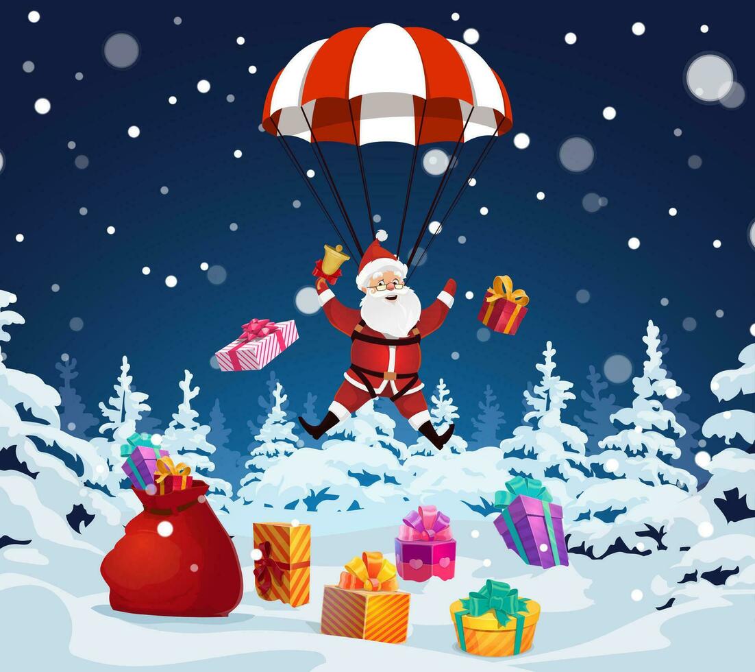 Santa with jingle bell descends on a parachute vector