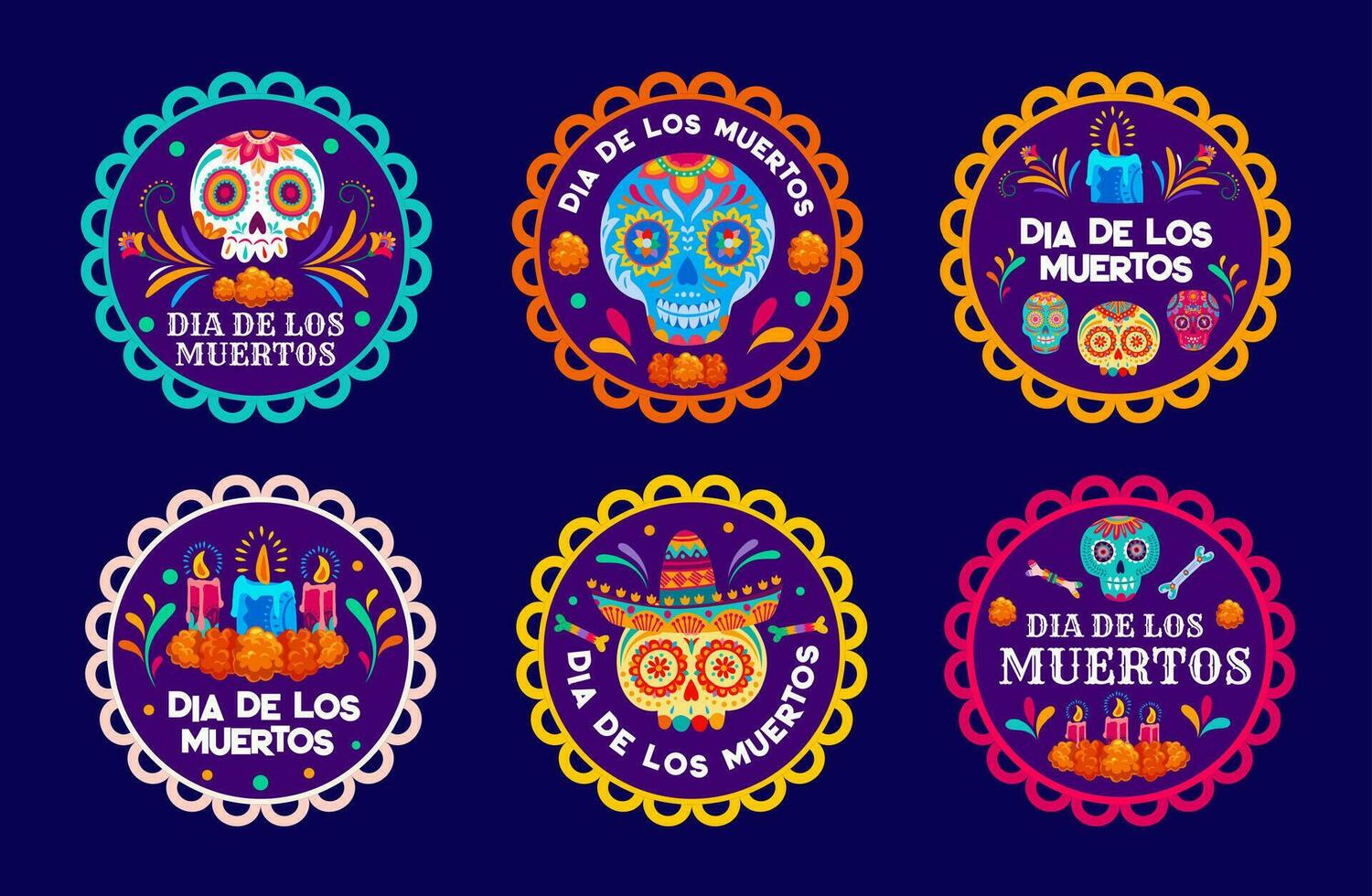 Day of Dead skulls mexican holiday circle labels vector